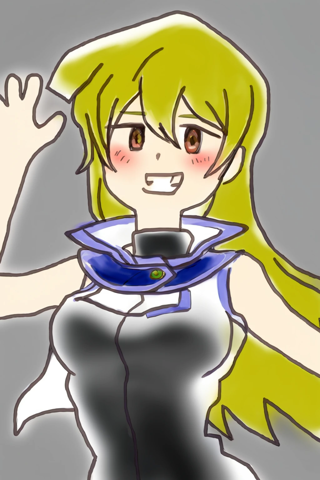 masterpiece, best quality,  <lora:AlexisRhodes-v2:1>,<lora:style22:1>,sketch,
ex-ar, 1girl, solo, long hair, tenjouin asuka, duel academy uniform (yu-gi-oh! gx), blonde hair, white background, simple background, floating hair, sleeveless, upper body, yellow eyes, hair between eyes, looking at viewer, breasts, shiny hair, smile, straight hair, bangs, shiny, shirt, very long hair, white jacket, sleeveless shirt, medium breasts, sleeveless jacket, grin, parted lips, turtleneck, brown eyes