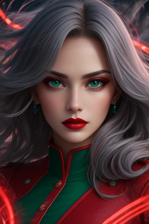 closeup, extremely detailed beautiful woman, square jaw, wide face, slightly wrinkled face, thoughtful expression, kind eyes, red lipstick, long gray cascading hair, wearing red combat outfit, posing, green lights, powerful wind magic, swirling around, whirlwinds, best quality, extremely detailed