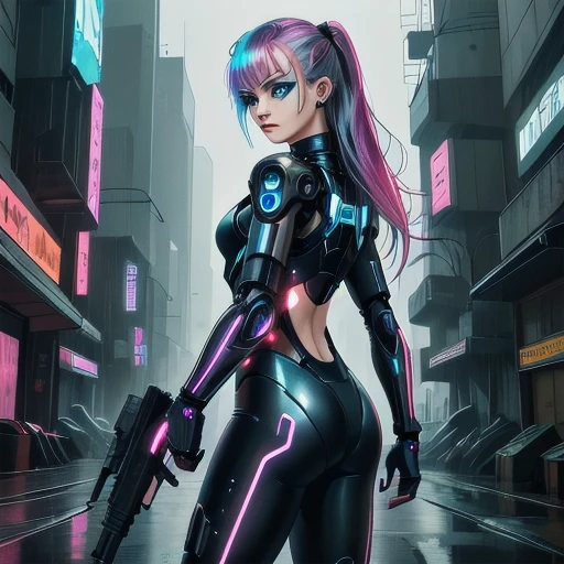 <lora:cybergirl_sd15_v4_15000_lora_f16:0.84>, anime indark, rainy, smoggy cyberpunk cityscape of pale elegant future punk Cybergirl, BREAK long natural hair, BREAK gorgeous eyes BREAK ,,, detailed face, warm smile, action pose with gun, [shows ass], glowing cyber arm, sharp background, water, reflections, refraction, art, drawing, Japanese, highly detailed