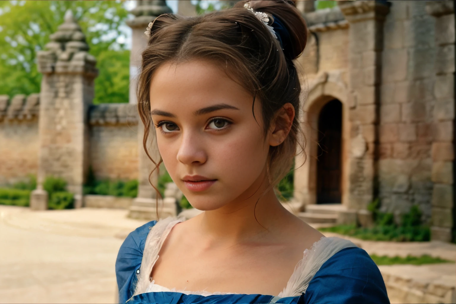 cinematic film still close-up photo of photograph of a 18 year old girl, teen, 1girl, (belle-bb:1.1) , in castle, blue pesant outfit,single hair bun <lora:belle-bb-v1.0:1>. Detailed, intimate, clear, personal . shallow depth of field, vignette, highly detailed, high budget Hollywood movie, bokeh, cinemascope, moody, epic, gorgeous, film grain, grainy