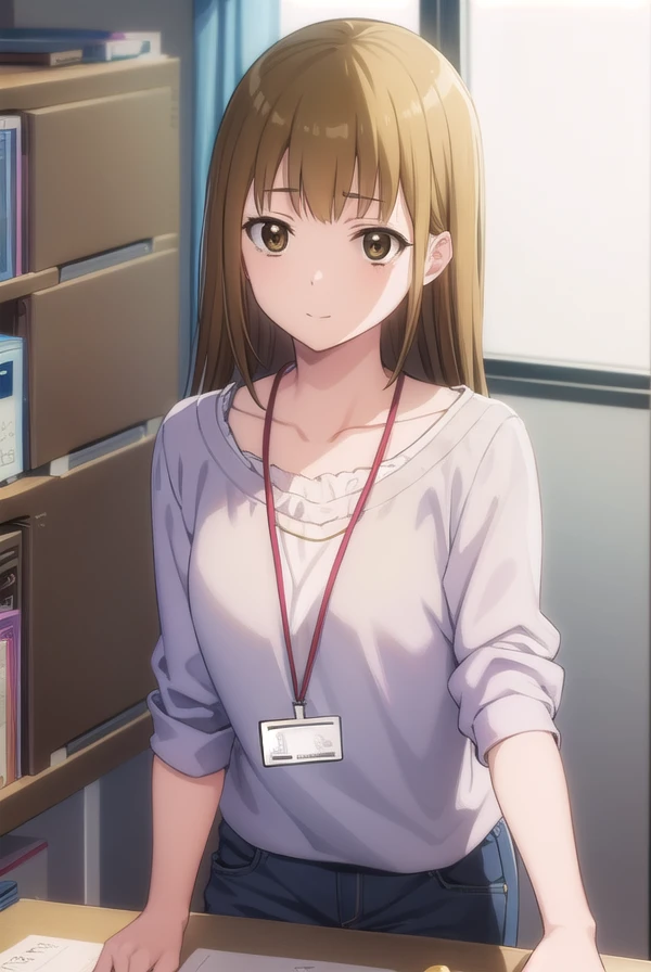 sayamiyoshi, <lora:saya miyoshi s1-lora-nochekaiser:1>,
saya miyoshi, long hair, brown hair, (brown eyes:1.5), smile,
BREAK collarbone, cardigan, id card, lanyard,
BREAK indoors, office,
BREAK looking at viewer, (cowboy shot:1.5),
BREAK <lyco:GoodHands-beta2:1>, (masterpiece:1.2), best quality, high resolution, unity 8k wallpaper, (illustration:0.8), (beautiful detailed eyes:1.6), extremely detailed face, perfect lighting, extremely detailed CG, (perfect hands, perfect anatomy),
