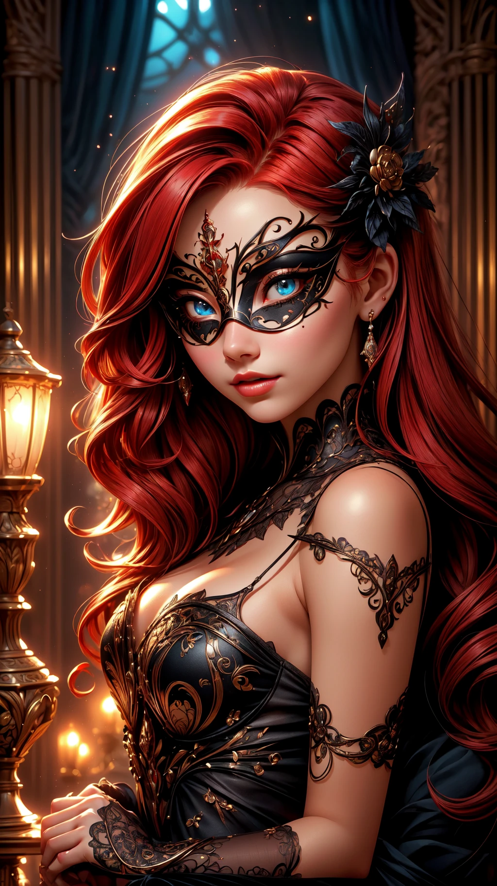 A beautiful woman at a masquerade ball, red hair, baroque theme, european, perfect eyes, (masqueurade:1.4), eye mask, extremely detailed, vivid colors, sharp focus, dramatic, award winning, high contrast, cinematic lighting, (masterpiece), (extremely intricate:1.3)