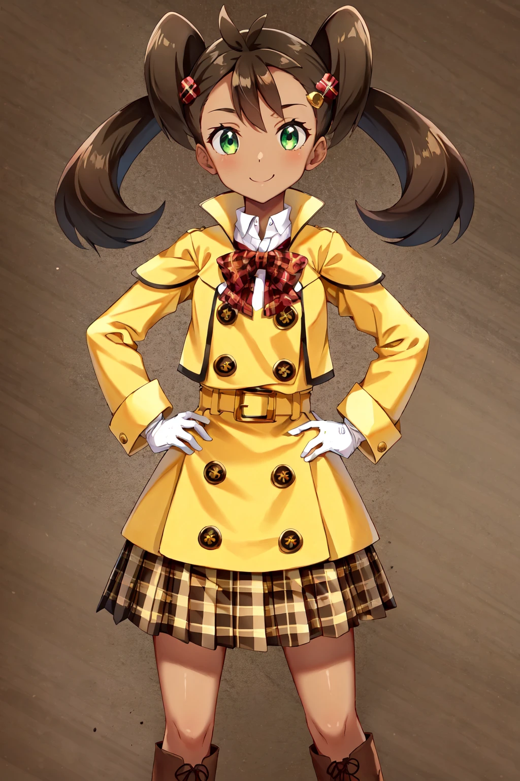 solo,  shauna,  green eyes,  dark skin,  yellow coat,  long sleeves,  plaid skirt,  brown skirt,  white gloves,  hair ornament,  brown boots, cowboy shot,  hands on hips,  smile,<lora:EMS-255949-EMS:0.600000>