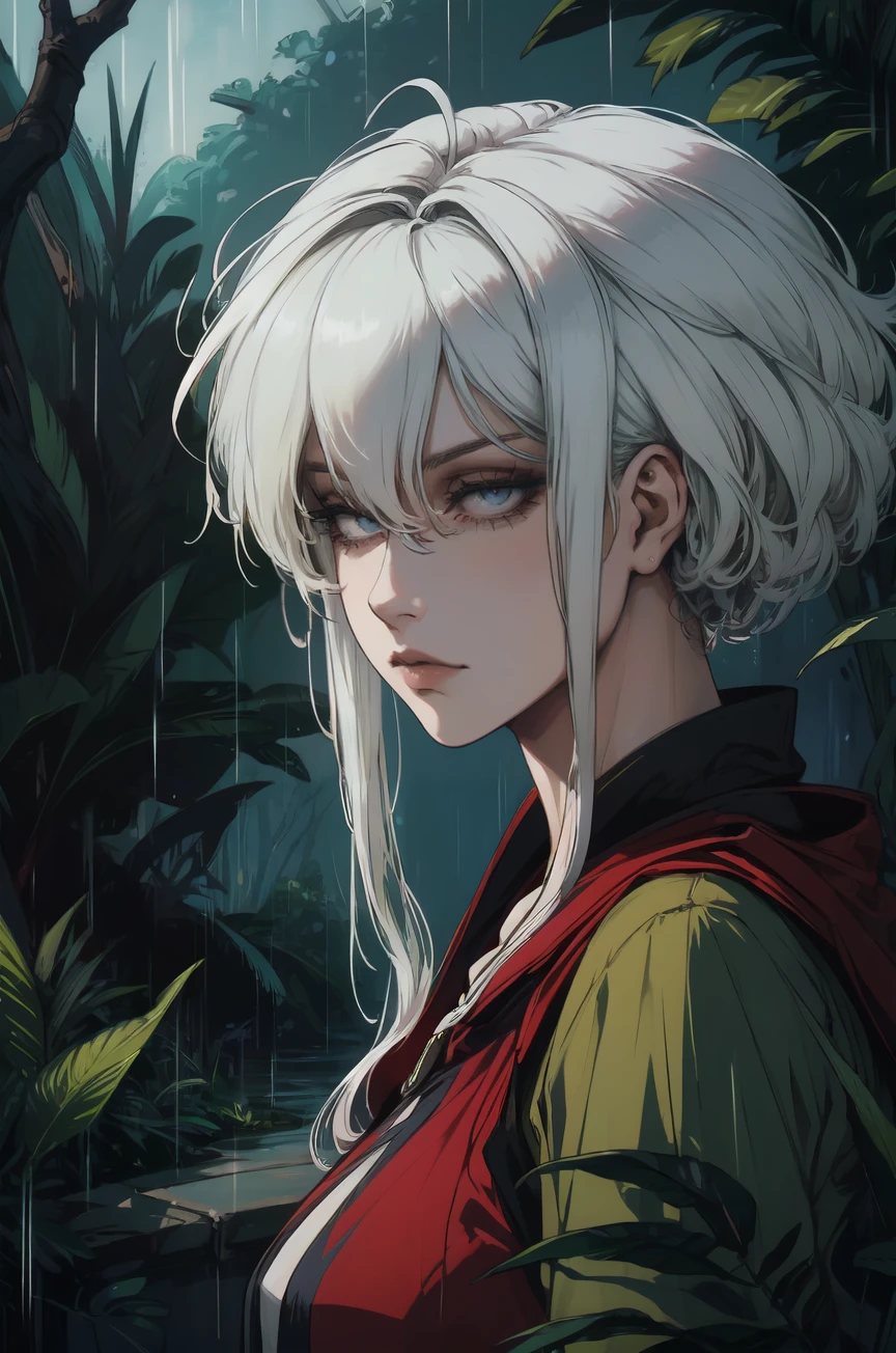 (outside, jungle, rainning, evening, soft light, dim lit, moody vibe), (insanely detailed, beautiful detailed face, masterpiece, best quality), mature female, white hair, blue eyes, jungle clothes, exploration clothes