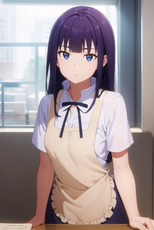 aoiyamada, <lora:aoi yamada s2-lora-nochekaiser:1>,
aoi yamada, long hair, (purple eyes:1.1), purple hair, blunt bangs,
BREAK apron, waitress,
BREAK indoors, restaurant,
BREAK looking at viewer, (cowboy shot:1.5),
BREAK <lyco:GoodHands-beta2:1>, (masterpiece:1.2), best quality, high resolution, unity 8k wallpaper, (illustration:0.8), (beautiful detailed eyes:1.6), extremely detailed face, perfect lighting, extremely detailed CG, (perfect hands, perfect anatomy),