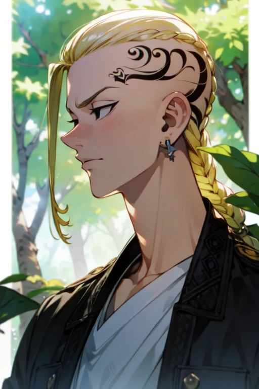 photorealistic, (4k), depth of field, (Masterpiece), (realistic skin texture), extremely detailed, intricate, hyper detailed, high resolution, professional photography, , depth of field, sharp detail, best quality, , 1boy, solo, male focus, <lora:ken_ryuuguuji:0.86>, ken_ryuuguuji, blonde hair, black eyes, single braid, tattoo, earrings, jacket, , An enchanted forest where magical creatures and plants abound,