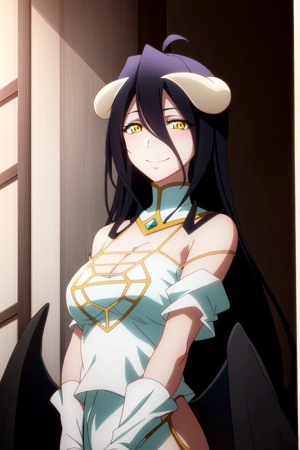 (extremely detailed CG unity 4k wallpaper),(masterpiece),(best quality),(ultra-detailed),(best illustration),(best shadow),(absurdres),(detailed background), <lora:OGT_Albedo-v1:0.8> Albedo, 1girl, albedo (overlord), solo, long hair, horns, black hair, dress, yellow eyes, gloves, wings, white gloves, breasts, black wings, white dress, hip vent, hair between eyes, smile, demon girl, bare shoulders, demon horns, v arms, feathered wings, large breasts, very long hair, ahoge, low wings, cleavage