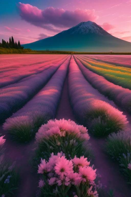 a field of flowers with a mountain in the background at sunset with a pink sky and clouds in the distance
