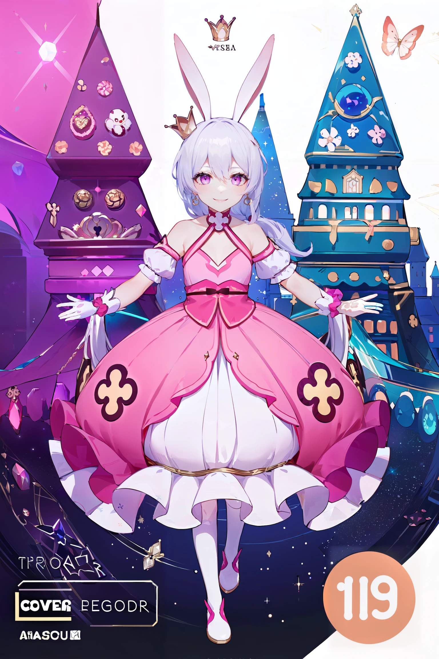 simple_white_background, golden and white theme, Sense of coordination, sense of order, mathematics beauty, (((cover design))), (((((cover art))))), ((trim)), album_art, official art, (Master's work), full body, ( closeup, 1girl,solo:1.2),
<lora:trr-v100:0.8:lbw=OUTALL>, trr, rabbit ears, pendant, 1girl, pink eyes, crown, theresa apocalypse, animal ears, gloves, bangs, white gloves, side ponytail, thighhighs, bare shoulders, white hair, pink dress, hair between eyes, girl, 9 years ic circle, star patterns, white geometry, colorful geometry, reflection, crystal_art, pattern_design, creative, Mystery pattern, colorful crystal decorate, blue crystal, (architectural art), ((geometric art)), pattern design, creative, shine, dream,
cute rabbits, so many candys, so many sweets, magic word,
------,
Low saturation, grand masterpiece, Perfect composition, film light, light art,
<lora:nai3lora-000012-5kmd:0.7:lbw=paint>, <lora:bz_v3-000003:0.3>, <lora:bigcar2-v100-000011:0.3>, <lora:shadowfix3:0.7>,