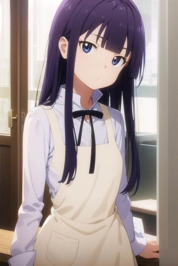 aoiyamada, <lora:aoi yamada s2-lora-nochekaiser:1>,
aoi yamada, long hair, (purple eyes:1.1), purple hair, blunt bangs,
BREAK apron, waitress,
BREAK indoors, restaurant,
BREAK looking at viewer, (cowboy shot:1.5),
BREAK <lyco:GoodHands-beta2:1>, (masterpiece:1.2), best quality, high resolution, unity 8k wallpaper, (illustration:0.8), (beautiful detailed eyes:1.6), extremely detailed face, perfect lighting, extremely detailed CG, (perfect hands, perfect anatomy),