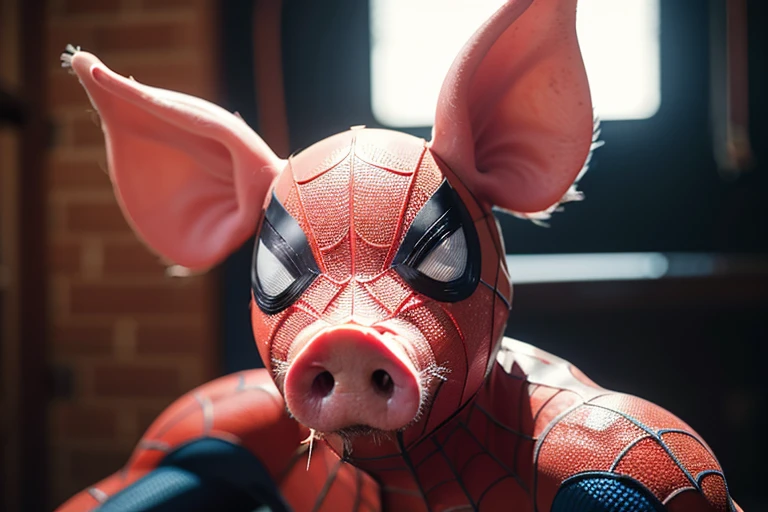 highres, 8k, absurdres, realistic, 
(Spider_Pig:1.4), silk, spider web, 1boy, solo, male focus, spider web print, blurry, superhero, bodysuit, mask, blurry background, depth of field
<lora:Spider_Pig-000008:0.5>