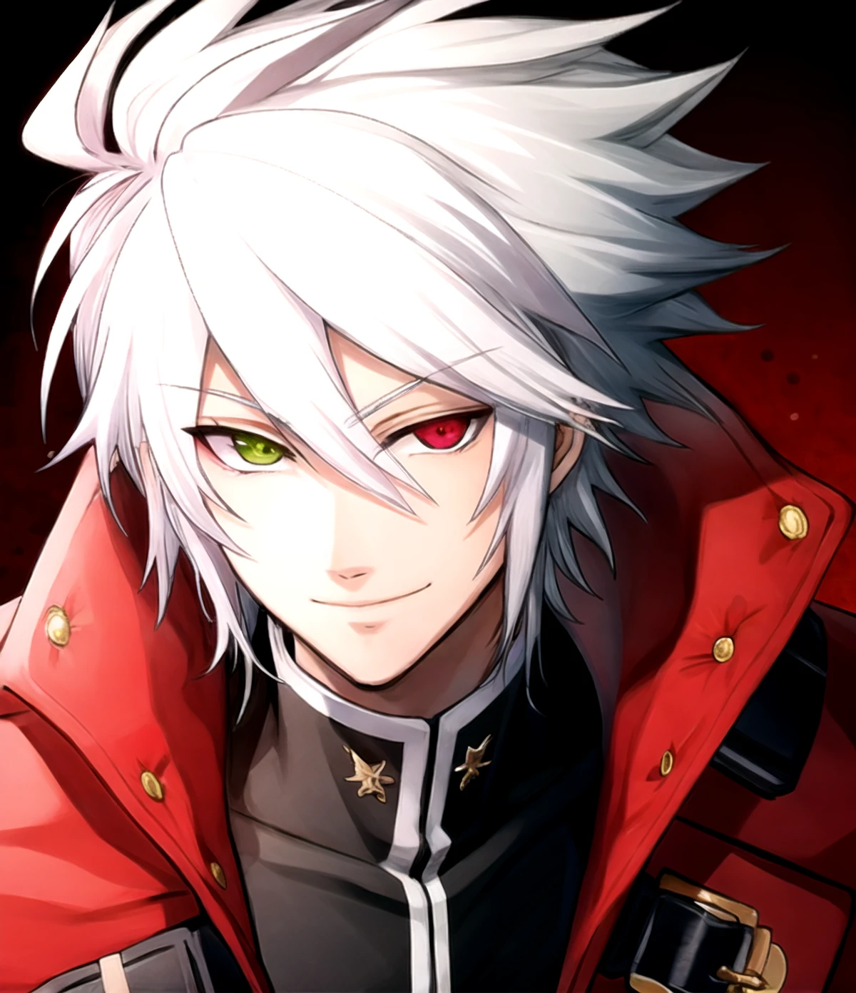 <lora:ragna the bloodedge (blazblue):1> ragna the bloodedge, white hair, spiked hair, 1boy, male focus, solo, heterochromia, looking at viewer, smile, red jacket,