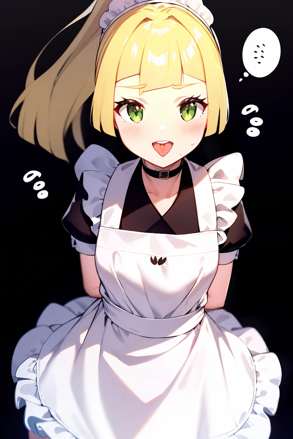 masterpiece, best quality, <lora:lillie:1>,lillie (pokemon), green eyes, blonde hair, maid, long hair, open mouth, apron, short sleeves, blush, dress, alternate costume, maid headdress, ponytail, enmaided, black dress, 1boy, frills, simple background, 1girl, flying sweatdrops, smile, white apron, solo focus, bangs, maid apron, arms behind back, tongue, choker, eyelashes, 2girls