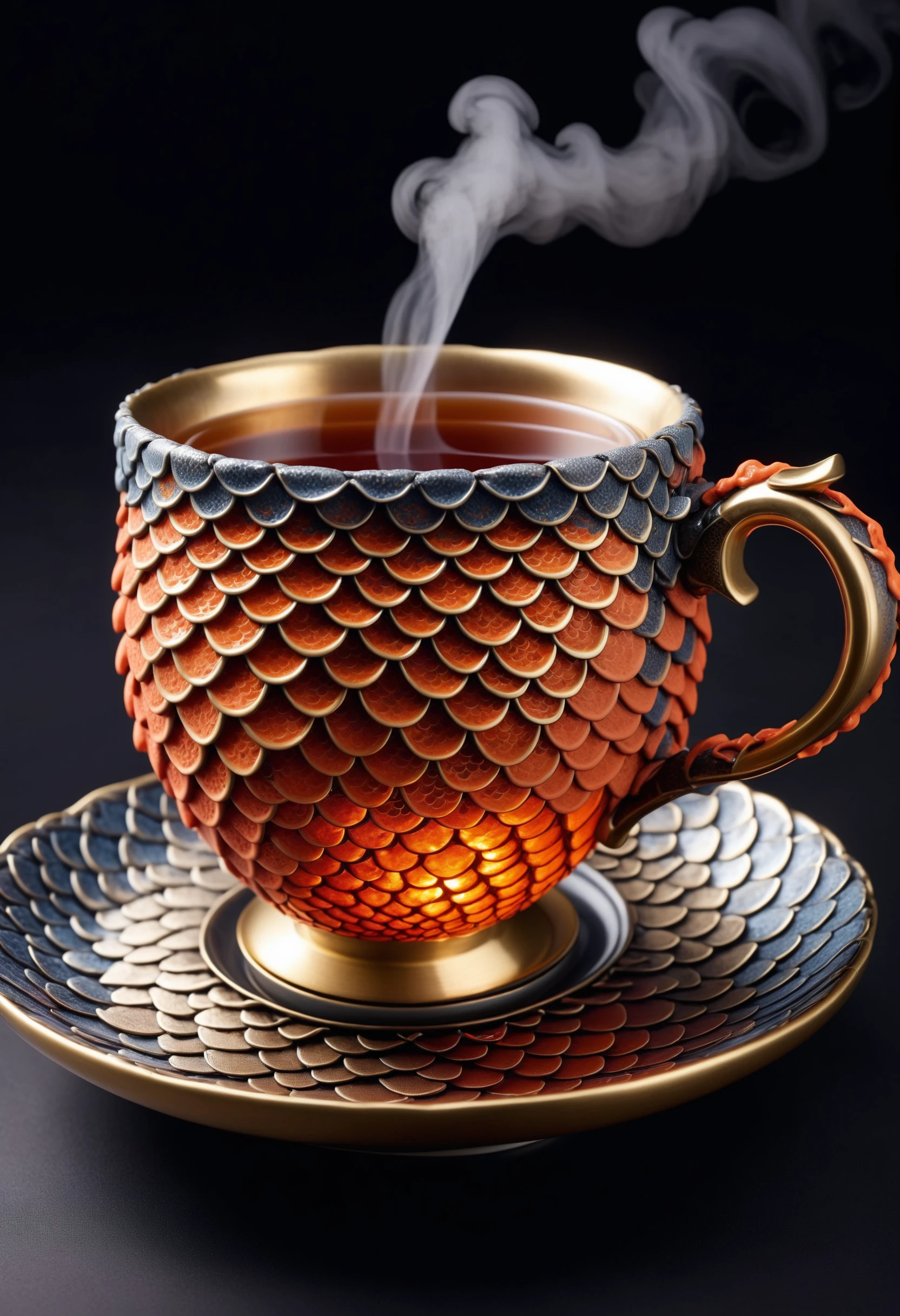 a tea cup covered in lava scales, steam <lora:dvrscls:0.8> drvscls