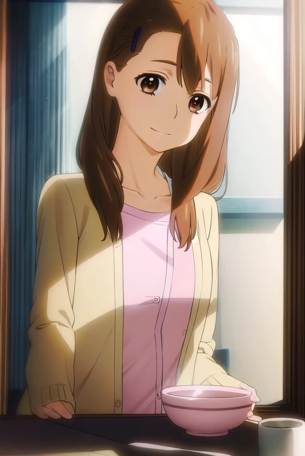 toukoyadomi, <lora:touko yadomi s1-lora-nochekaiser:1>,
touko yadomi, long hair, brown hair, (brown eyes:1.7), hair over shoulder, hair clip, smile,
BREAK shirt, yellow shirt, collarbone, long sleeve, cardigan, (pink cardigan:1.5),
BREAK indoors,
BREAK looking at viewer, (cowboy shot:1.5),
BREAK <lyco:GoodHands-beta2:1>, (masterpiece:1.2), best quality, high resolution, unity 8k wallpaper, (illustration:0.8), (beautiful detailed eyes:1.6), extremely detailed face, perfect lighting, extremely detailed CG, (perfect hands, perfect anatomy),