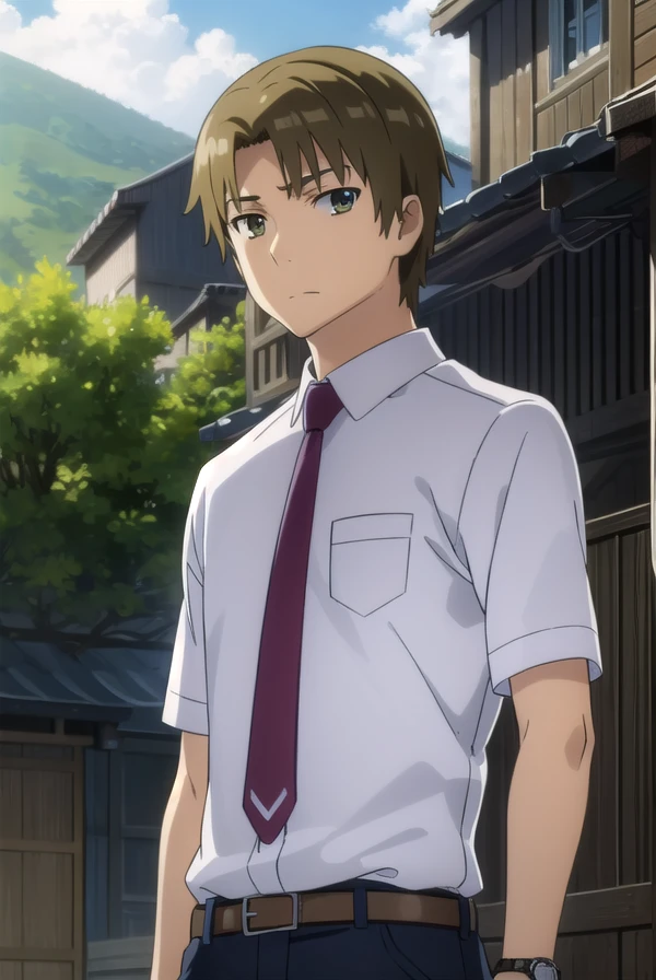 atsumumatsuyuki, <lora:atsumu matsuyuki s1-lora-nochekaiser:1>,
atsumu matsuyuki, brown hair, (brown eyes:1.3), male focus,
BREAK shirt, school uniform, white shirt, short sleeves, necktie, collared shirt, belt, pants, red necktie, watch, wristwatch,
BREAK outdoors, house, fields, grass, sky, sun, clouds,
BREAK looking at viewer, (cowboy shot:1.5),
BREAK <lyco:GoodHands-beta2:1>, (masterpiece:1.2), best quality, high resolution, unity 8k wallpaper, (illustration:0.8), (beautiful detailed eyes:1.6), extremely detailed face, perfect lighting, extremely detailed CG, (perfect hands, perfect anatomy),