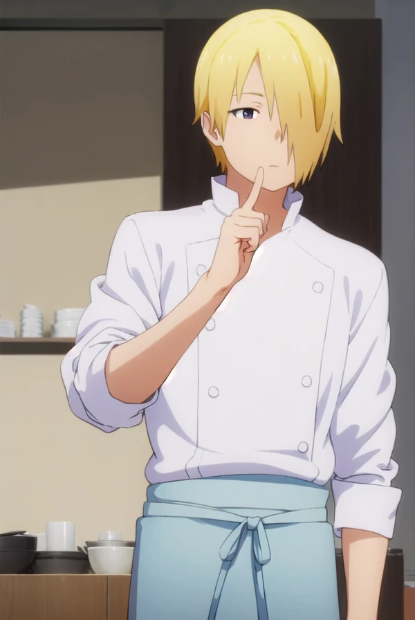 junsatou, <lora:jun satou s2-lora-nochekaiser:1>,
jun satou, blonde hair, male focus, (hair over one eye:1.5), (brown eyes:1.3), 
BREAK apron, buttons, kitchen, chef,
BREAK indoors, restaurant,
BREAK looking at viewer, (cowboy shot:1.5),
BREAK <lyco:GoodHands-beta2:1>, (masterpiece:1.2), best quality, high resolution, unity 8k wallpaper, (illustration:0.8), (beautiful detailed eyes:1.6), extremely detailed face, perfect lighting, extremely detailed CG, (perfect hands, perfect anatomy),