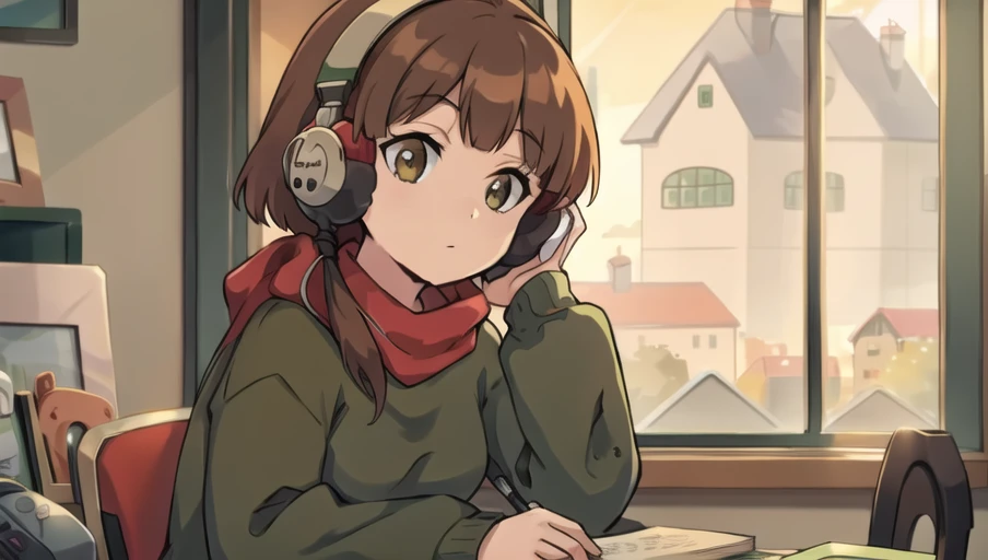 <lora:LofiGirlv2:.8>, 1girl, solo, brown_hair,headphones,green sweater,red scarf,sitting, on a desk,