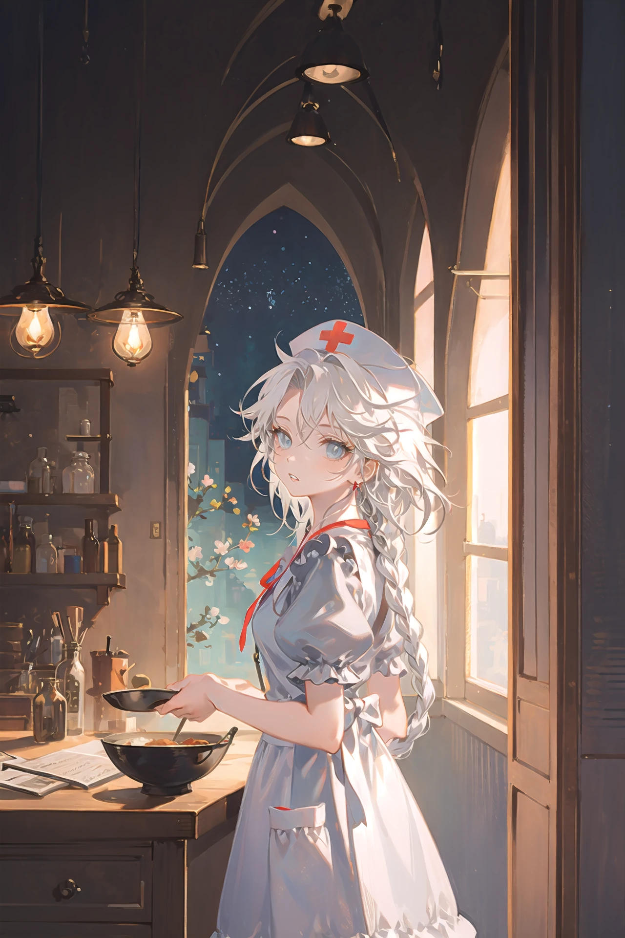 1girl, long hair, solo, looking at viewer, nurse cap, yagokoro eirin, dress, short sleeves, looking back, hat, very long hair, braid, hand up, window, puffy sleeves, blue eyes, from behind, bowl, apron, flower, indoors, puffy short sleeves, white dress, jar, curtains, bangs, table, parted lips, white hair, standing, sky, single braid, vase
/////////// <lora:reiko-000298:1>, <lora:ç»ä¸½çå
å½±:0.2>,<lora:add_detail:0.35>, <lora:adaptedmodel:0.35>