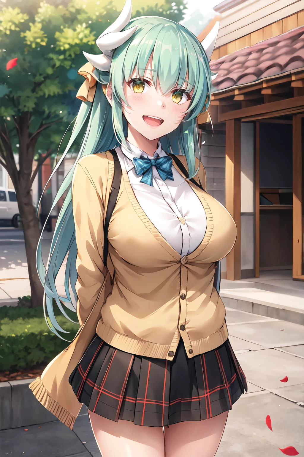 masterpiece, best quality, highres, aakiyo, long hair, aqua hair, white horns, hair bow, yellow bow, yellow eyes, <lora:kiyohime_(lancer)_v1:0.7>, cardigan, plaid skirt, arms behind back, smile, open mouth, petals, outdoors, big breasts <lora:Nakajima-yuuka-Style_878808:1>