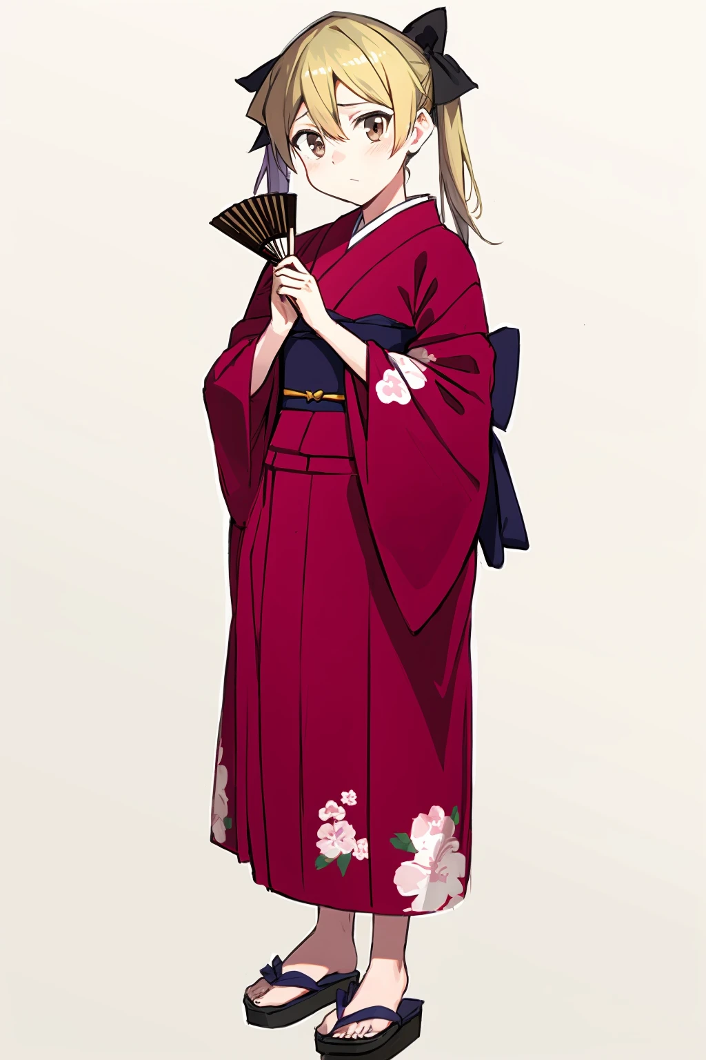 masterpiece, best quality, <lora:AlexisRhodes-v2:1>,
ex-ar, tenjouin asuka, 1girl, japanese clothes, kimono, long hair, full body, solo, simple background, holding, white background, closed mouth, standing, hair between eyes, bangs, twintails, hand fan, brown eyes, blue kimono, looking at viewer, sash, blonde hair, shiny hair, ribbon, hair ribbon, long sleeves, obi, shiny, wide sleeves, print kimono, yukata, sketch, floral print, alternate hairstyle, sandals, holding fan, black ribbon
