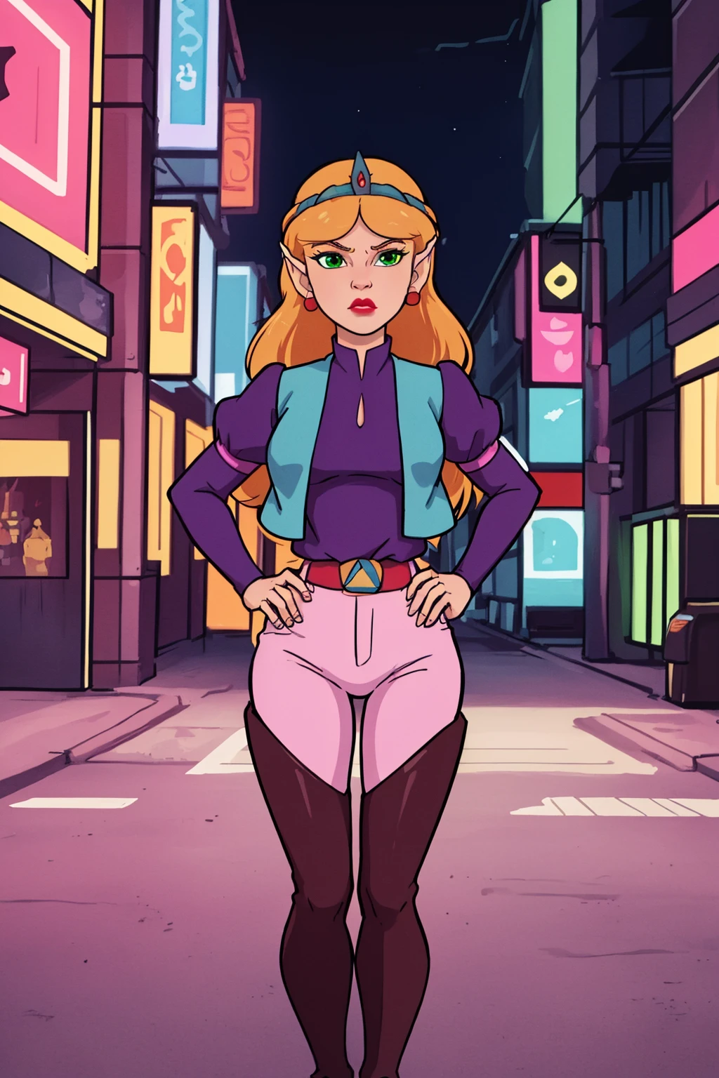 masterpiece, best quality, 1girl, tsmbsszelda, blonde hair, long hair, green eyes, earrings, lipstick, pointy ears, tiara, vest, belt, pink pants, thigh boots, hands on hips, full body, looking at viewer, solo, cyberpunk city background, night, neon light <lora:Zelda80s:1>