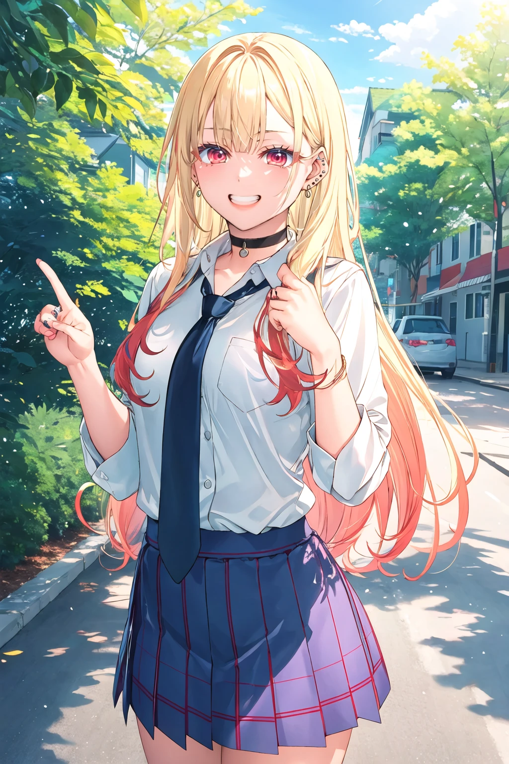masterpiece, best quality, highres, kitagawa marin, 1girl, blonde hair, long hair, multicolored hair, red eyes, jewelry, earrings, piercing, school uniform, white shirt, tied shirt, black choker, blue necktie, plaid skirt, <lora:kitagawa_marin_v1-1:0.7>, grin, smile, standing, cowboy shot, outdoors,  <lora:toosaka-asagi -Style_796448:1>