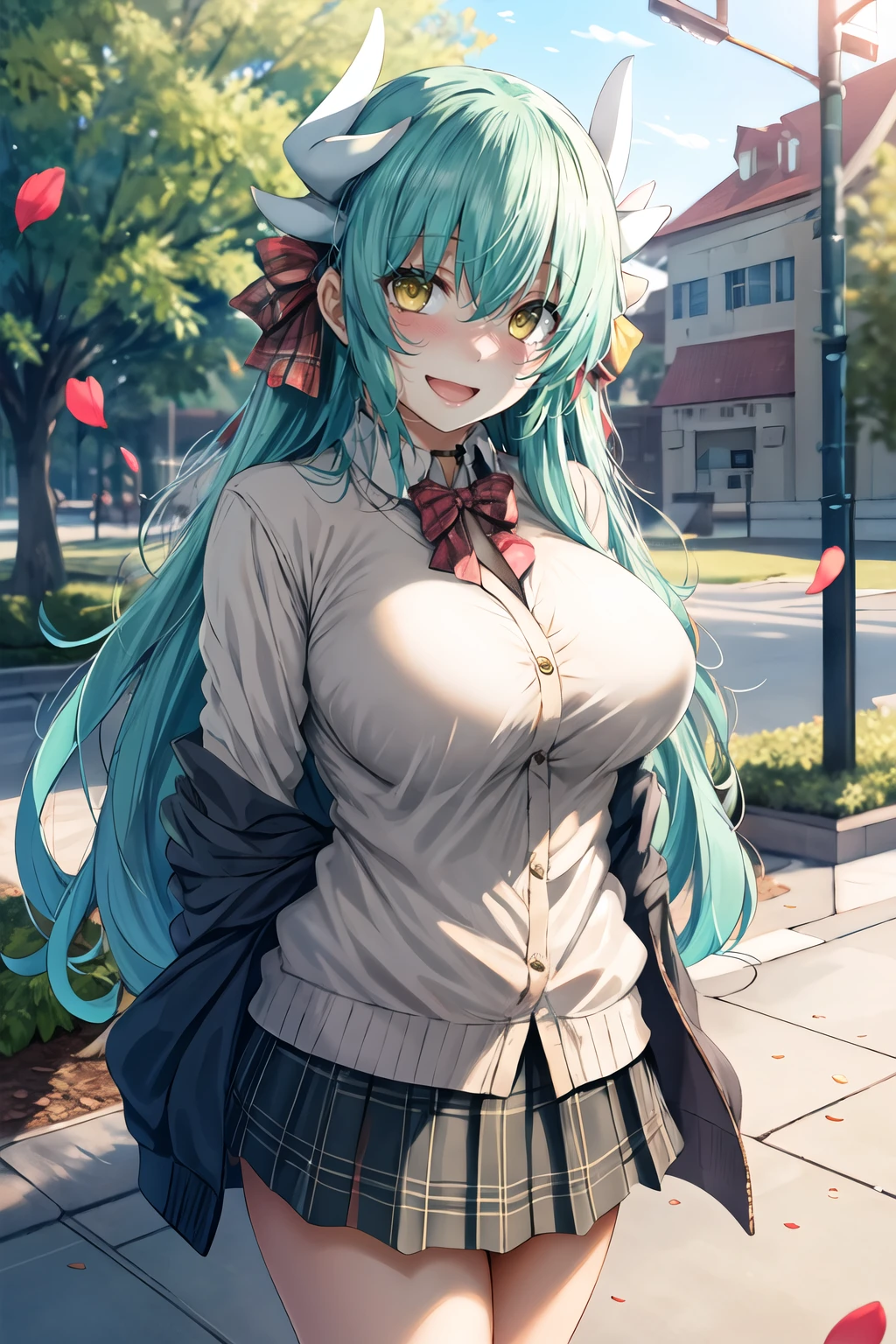 masterpiece, best quality, highres, aakiyo, long hair, aqua hair, white horns, hair bow, yellow bow, yellow eyes, <lora:kiyohime_(lancer)_v1:0.7>, cardigan, plaid skirt, arms behind back, smile, open mouth, petals, outdoors, big breasts <lora:Fumihiko -Style_711320:1>
