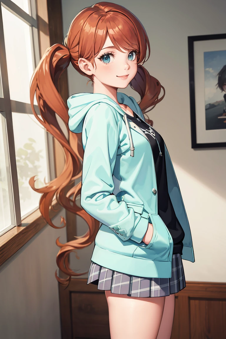 masterpiece, best quality, absurdres, LuluYurigasaki, long hair, twintails, indoors, plaid skirt, hoodie, smile, hands in pockets, <lora:LuluYurigasaki:0.9>