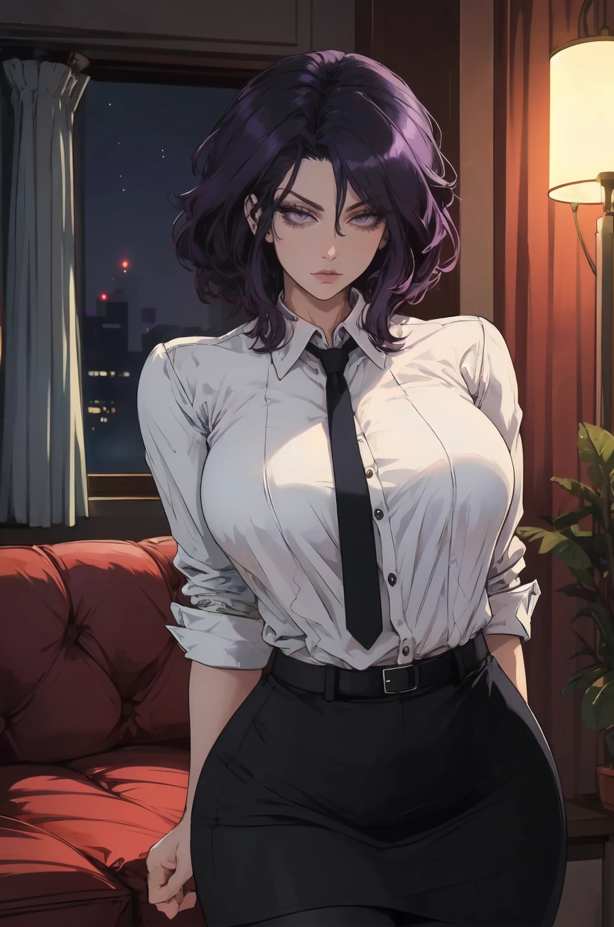 (livingroom, detailed background, night),
(1girl, milf, mature female, aged up, purple hair, purple eyes, office clothes, white shirt, black skirt, pantyhose, seductive pose, hands behind back)