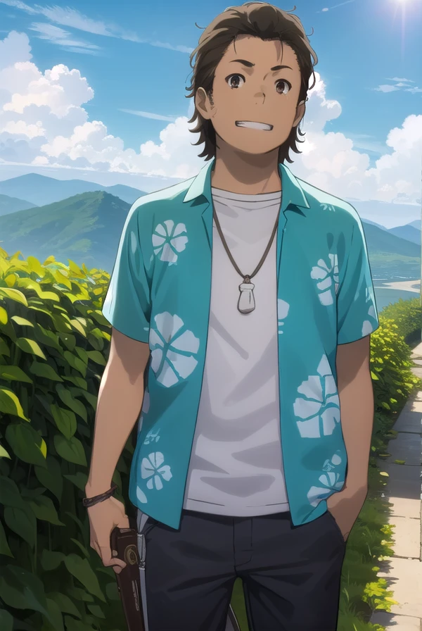 tetsudouhisakawa, <lora:tetsudou hisakawa s1-lora-nochekaiser:1>,
tetsudou hisakawa, black hair, (brown eyes:1.5), male focus, smile, grin,
BREAK shirt, open clothes, pants, necklace, sandals, hawaiian shirt,
BREAK outdoors, house, fields, grass, sky, sun, clouds,
BREAK looking at viewer, (cowboy shot:1.5),
BREAK <lyco:GoodHands-beta2:1>, (masterpiece:1.2), best quality, high resolution, unity 8k wallpaper, (illustration:0.8), (beautiful detailed eyes:1.6), extremely detailed face, perfect lighting, extremely detailed CG, (perfect hands, perfect anatomy),