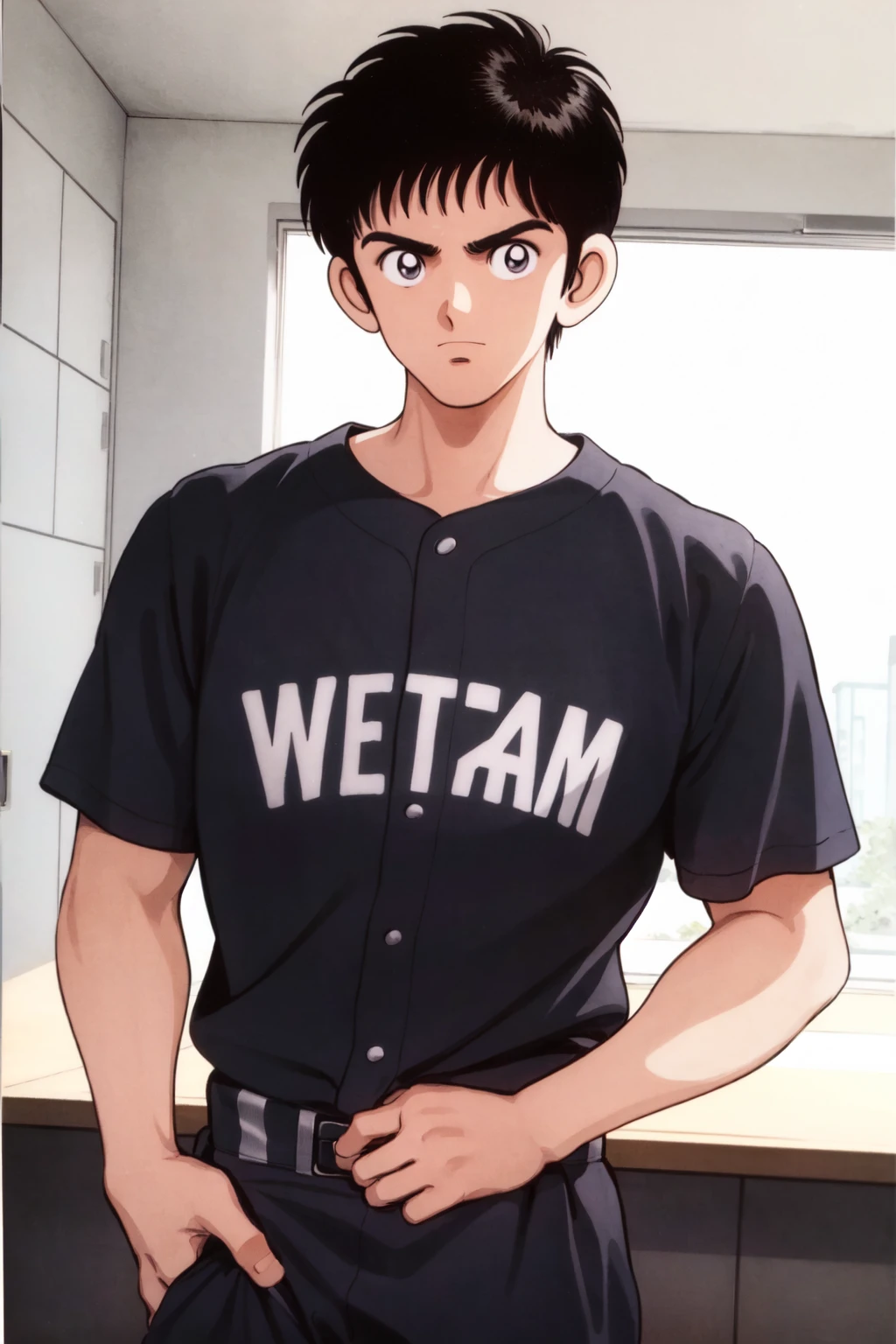 <lora:H2_ComicStyle2KP-000060:0.7:lbw=outall>1boy, hideo, black hair, baseball uniform,, (best quality, masterpiece:1.3)