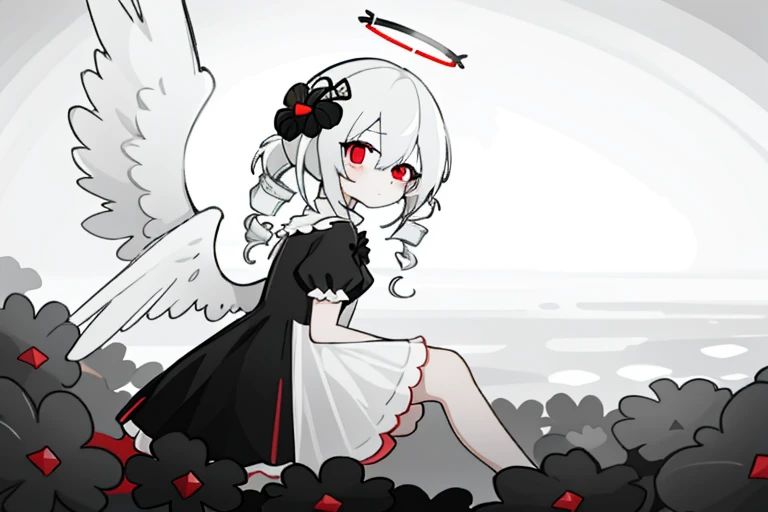 1girl,red eyes,solo,dress,white dress,black dress,double color dress,wings,flower,black flower,halo,looking at viewer,white hair,sitting,drill hair,feathered wings,rose,bangs,hair ornament,long hair,hair between eyes,looking to the side,black rose,hair flower,twin drills,from side,angel wings,angel,petals,white wings,closed mouth,<lora:tebolika_lion-0000010:1>,<lora:BlackSouls:0.45>,