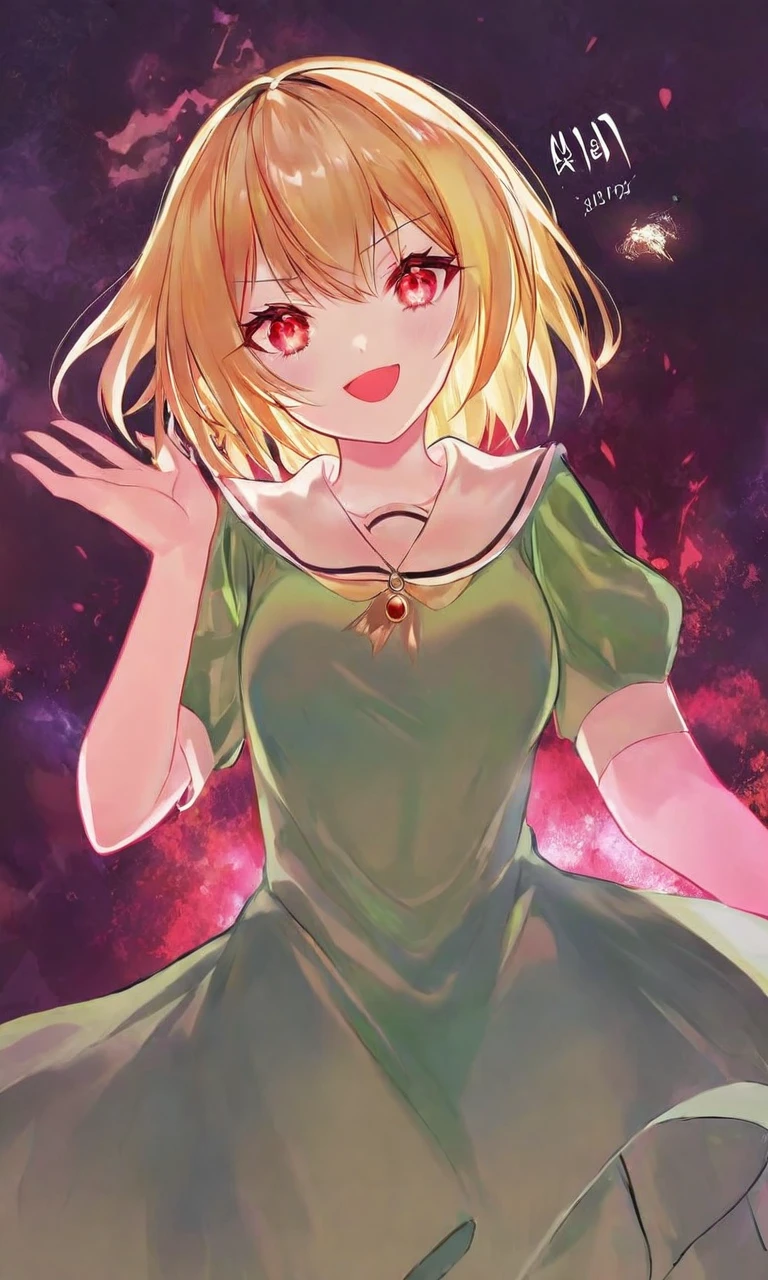 by criin, houjou satoko, 1girl, red eyes, blonde hair, green dress, glowing eyes, black background, aura, dark aura, evil smile, <lora:sdxl - Char - Houjou Satoko - Bionagato>