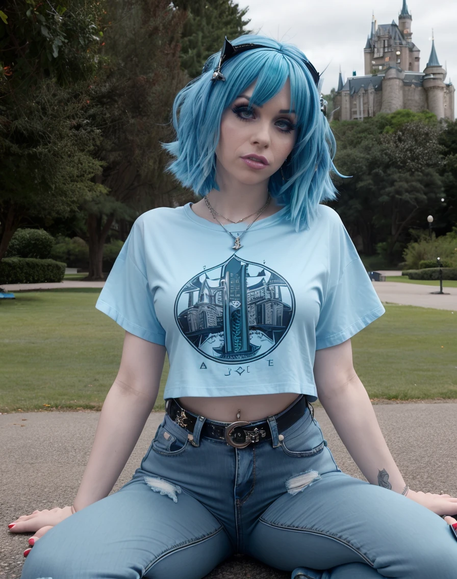 cinematic photo , realistic, style raw, <lora:quiron_SarinaValentina_v1_lora:0.97> SarinaValentinaQuiron woman Dressed in the (style of Futuristic Shaman stylish outfit Playful Turquoise Jeans and t-shirt) (with Icebound Castle in the background ), Sitting cross-legged with hands on knees, . 35mm photograph, film, bokeh, professional, 4k, highly detailed, realistic, a woman Calisthenics wearing Tunic blouse and Boyfriend jeans: Relaxed, loose-fitting jeans with a slouchy, casual look.,
