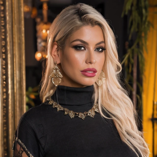 (masterpiece:1.2), (best quality,:1.2), 8k, HDR, ultra detailed, ((photorealistic)), professional light, cinematic lighting, fashion photography, ambient lighting, face lighting, Bridgette, <lora:Bridgette-10:1.1>, earrings, choker, necklace, messy and long blonde hair, dark makeup, dynamic pose, looking at viewer, ((portrait shot)), full lips, lipstick, OverallDetail, ffacedetail,<lora:detail_slider_v4:2>, turtleneck pullover