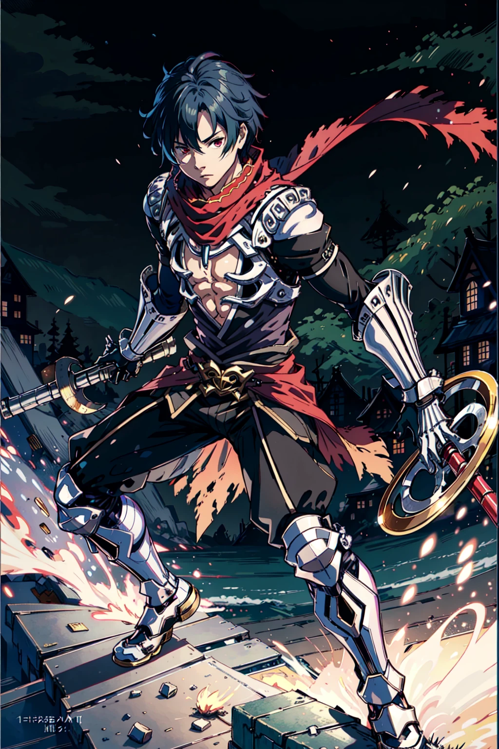 1boy, solo, assassincross-ro, mature male, <lora:assassincross-ro:0.7>, scarf, shoulder armor, pauldrons, red scarf, open shirt, gauntlets, vambraces, action pose, boots, fantasy:1, ragnarok online