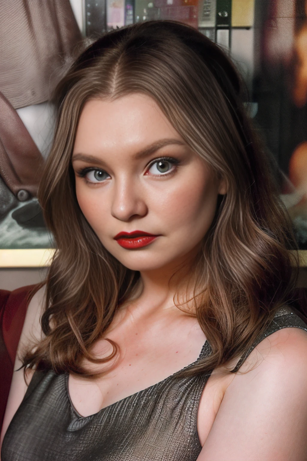 a RAW photograph of 25 year old (4nn4D31v3y woman) sitting on a couch,wearing a (gray dress),facing the viewer,(medium shot),portrait,(perfect chestnut hair),(red lipstick),simple background,rich details,hyper realistic,intense,highly detailed,face_focus,looking_at_viewer,<lora:4nn4D31v3y_17A-000003:1.0>,