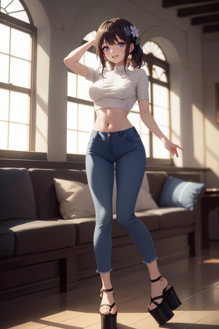 masterpiece,best_quality,indoors,detailed_background,greek_interior,dusk,1girl,solo,dynamic_pose,looking_at_viewer,happy,(Knit_cropped_top:1.4),(High-waisted_flared_jeans:1.3),(Platform_sandals:1.2),hair_flower,ankles,navel,