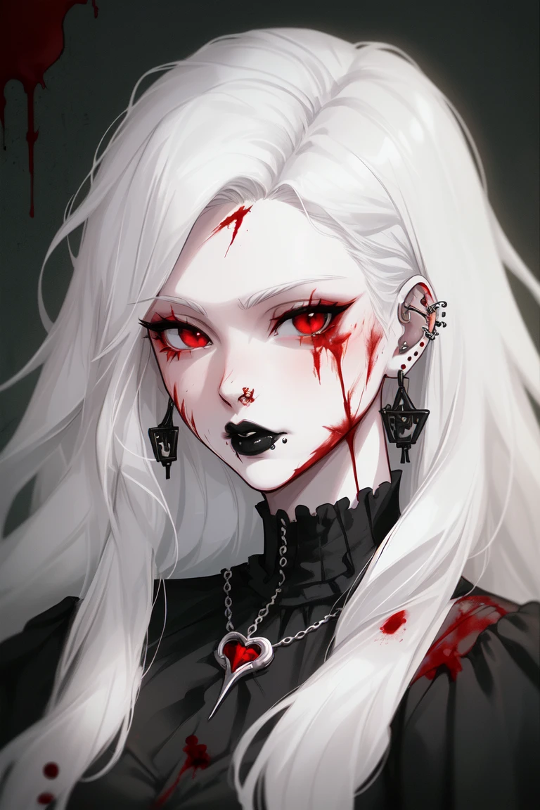 Goth girl 1girl ,1girl, solo, long hair, pale skin, white hair, jewelry, closed mouth, black clothes, lips, red eyes,blood, detailed eyes, piercing, portrait, injury, blood on face, lip piercing , earrings, <lora:Goth_girl-v1.5:0.8>