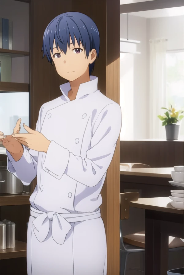 hiroomisouma, <lora:hiroomi souma s2-lora-nochekaiser:1>,
hiroomi souma, (brown eyes:1.3), blue hair, male focus, smile,
BREAK apron, buttons, waist apron, white pants, chef,
BREAK indoors, restaurant,
BREAK looking at viewer, (cowboy shot:1.5),
BREAK <lyco:GoodHands-beta2:1>, (masterpiece:1.2), best quality, high resolution, unity 8k wallpaper, (illustration:0.8), (beautiful detailed eyes:1.6), extremely detailed face, perfect lighting, extremely detailed CG, (perfect hands, perfect anatomy),