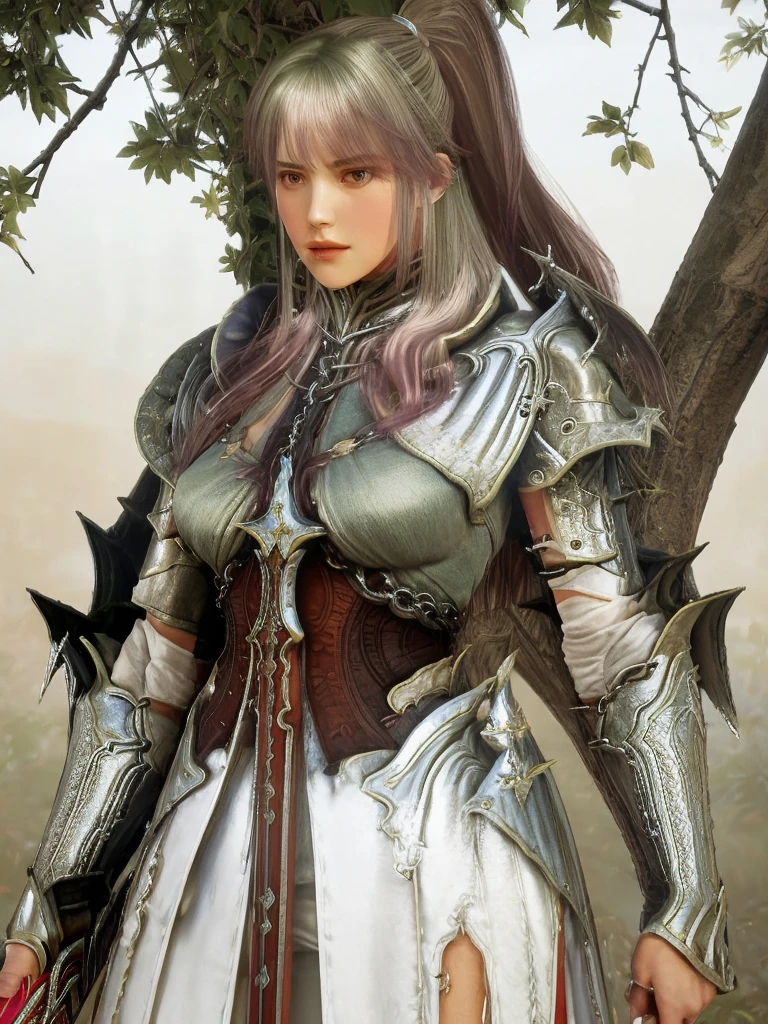 woman,  <lora:BDO_DR4KANIA:1.3>,  ((exclaire)),  sword, tree at background,