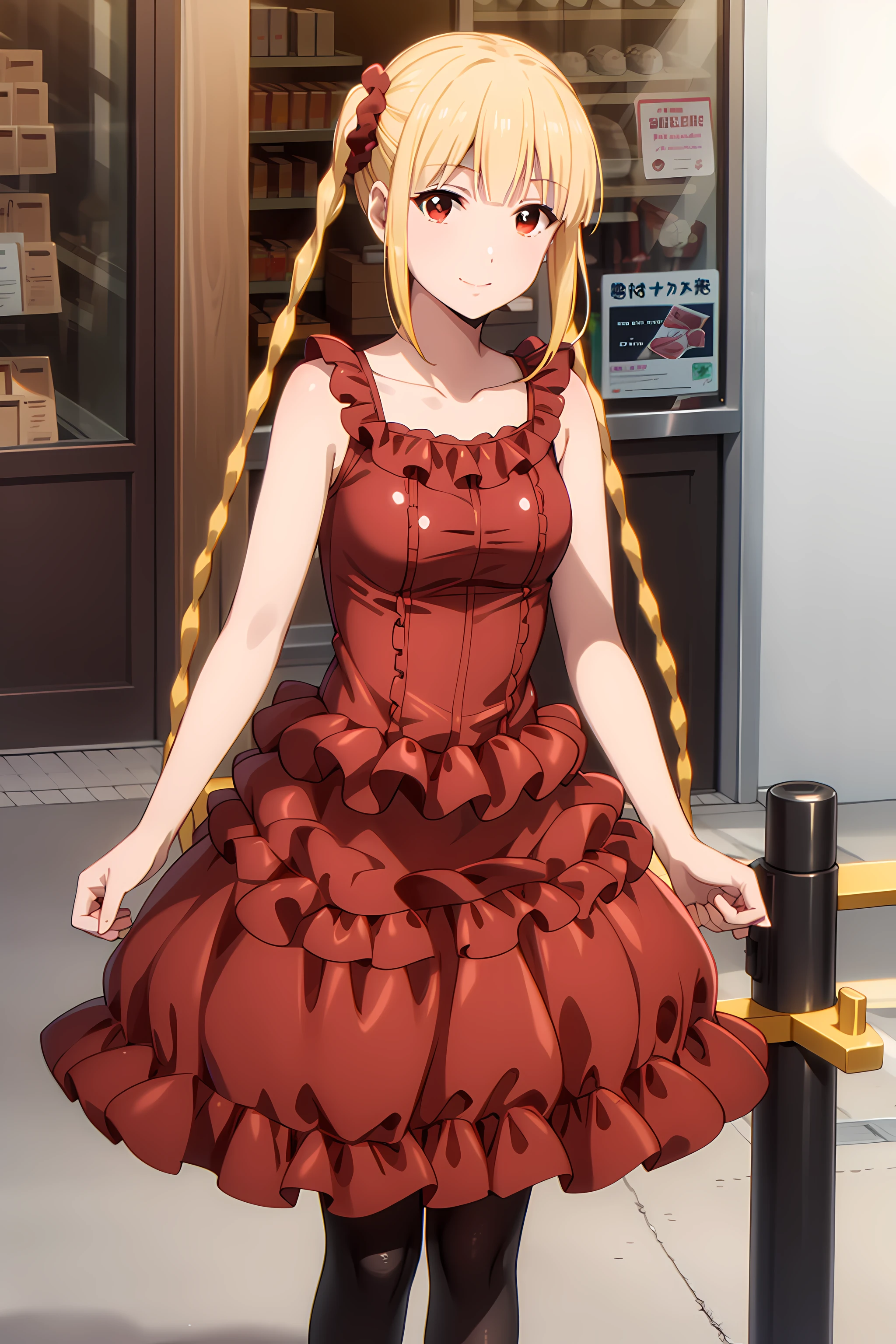 best quality, masterpiece, detailed,
<lora:DarwinsGame_KarinoShuka:0.8>, KarinoShuka,
solo, light smile, closed mouth,
blonde hair, red eyes, long hair, twin braids, hair scrunchie,
ShukaDress, red dress, frilled dress, sleeveless, black pantyhose,
standing, looking at the viewer,
outdoors