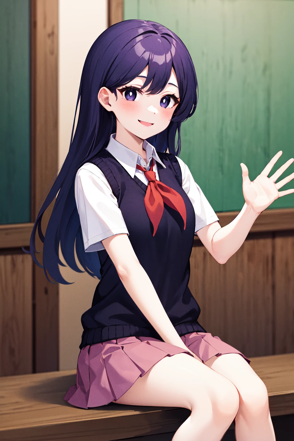 masterpiece, best quality, highres, 1girl, solo, long hair, purple hair, bangs, black eyes, bright pupils, white pupils, white skin, school uniform, red neckerchief, white shirt, sweater vest, black sweater, short sleeves, pleated skirt, pink skirt, <lora:mari_(omori)_v1:0.7>, sitting, waving, smile,