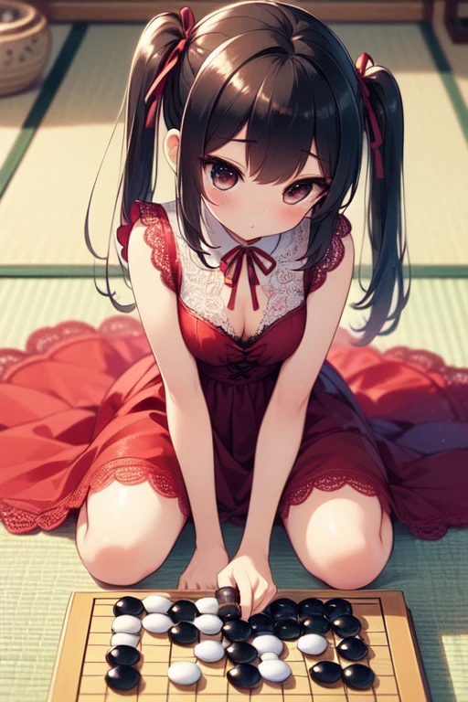 (((masterpiece))),  (((best quality))),  ((body facing viewer)),  (((go weiqi))),  (((putting down chess piece on large square chessboard of high table))),  red lace dress,  hand on thighs,  tatami room,  backyard,  big tits,  ribbon,  twintails,  petite figure proportion,  shy,  blush,<lora:EMS-256052-EMS:1.000000>