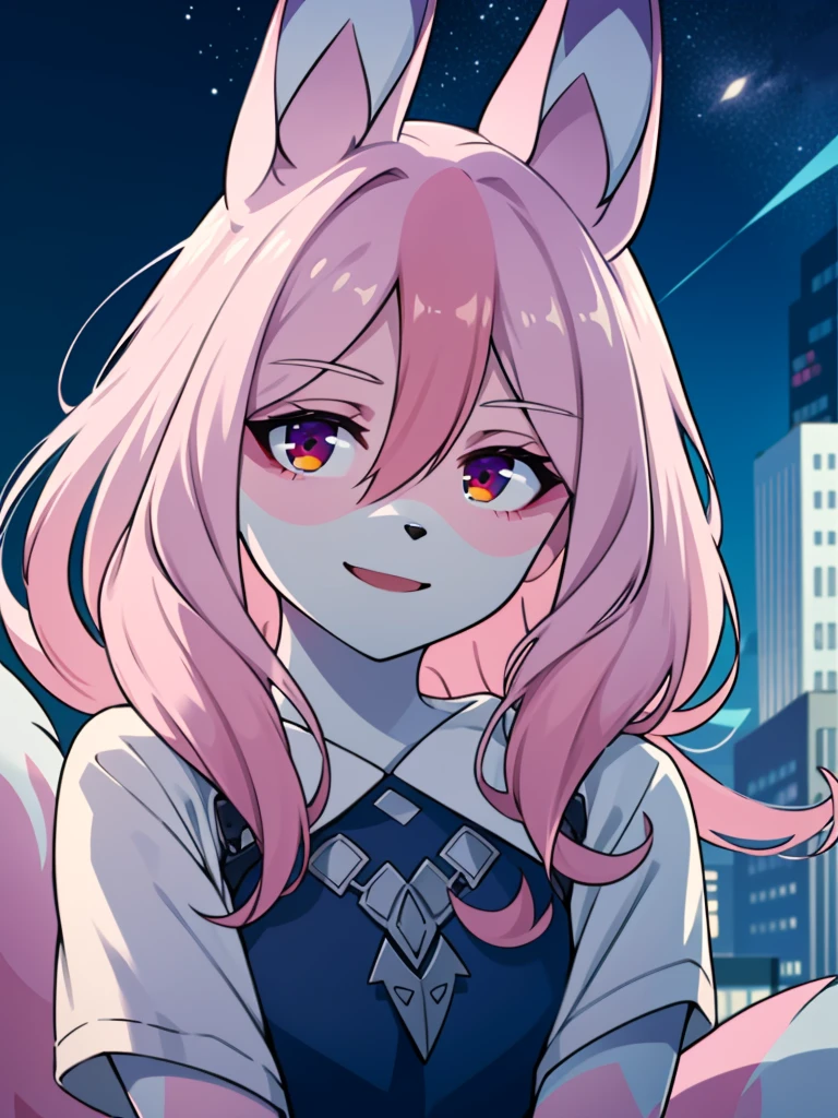 1 girl,furry,fox girl,furry female,fox ears, animal ears, nazuna_hiwatashi, pink hair,long hair, red eyes, hair between eyes, (animal nose, triangle shaped nose), (bushy tail, tail), (high quality, best quality, (4k), hi res, masterpiece, beautiful, high details), happy, looking at viewer, night, looking at viewer, detailed eyes, smile, starry sky, city, <lora:NazunaV2:0.9>