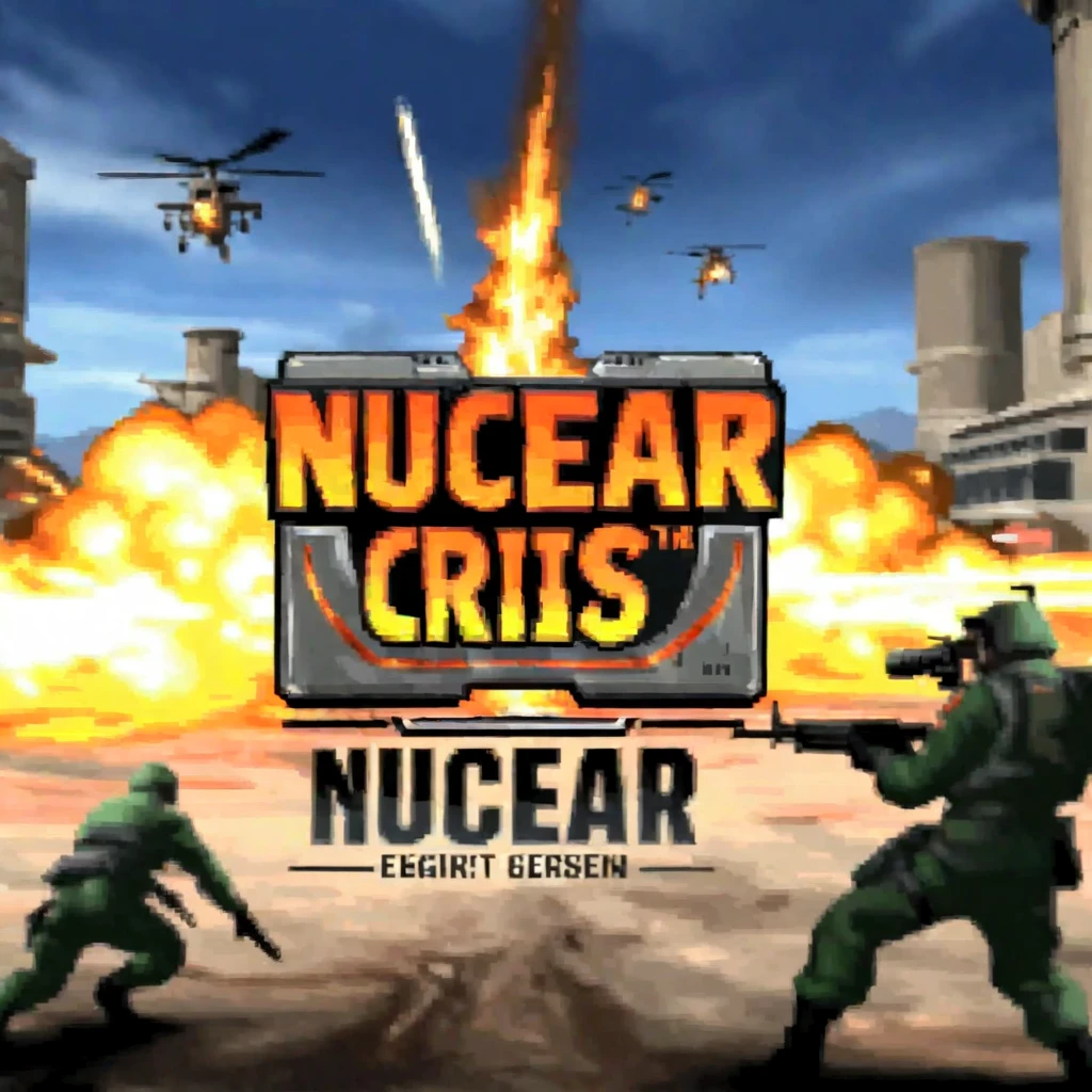 A dramatic and immersive title screen for a war-themed video game titled 'Nuclear Crisis'. The scene showcases a vivid, action-packed battlefield with soldiers in full combat gear, engaged in intense warfare. Explosions and military vehicles are visible in the background, depicting a scene of strategic conflict. The soldiers are depicted with dynamic poses, capturing the urgency and bravery of the battle. The game title 'Nuclear Crisis' is boldly displayed in a striking, militaristic font at the top of the screen. At the bottom, in a clear and prominent font, the words 'Press Any Key' invite the player to begin their gaming experience. The overall art style is reminiscent of popular war games, with a focus on realism and high-adrenaline action,<lora:gbaplay_title:0.75>