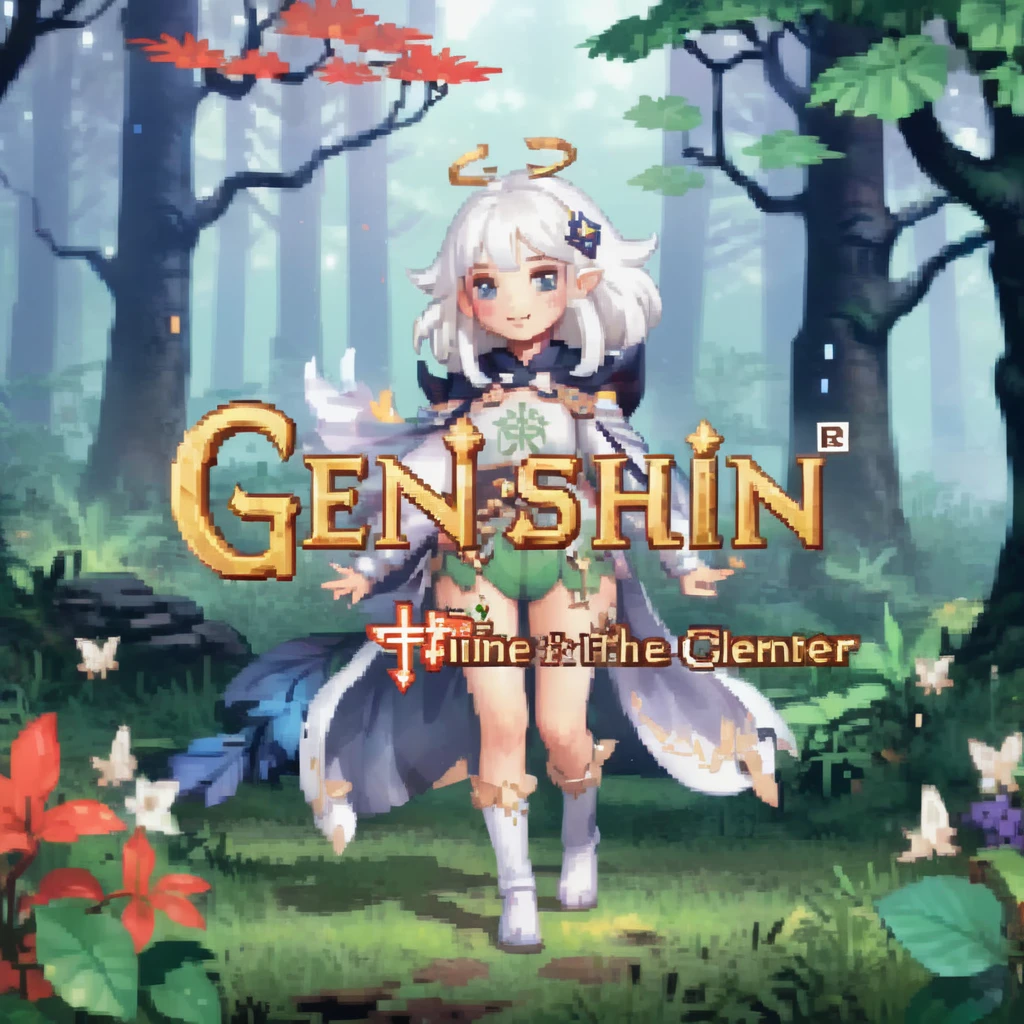 Create an image in the style of a Japanese RPG game title screen featuring a whimsical <lora:xl_paimeng girl2:0.65> paimeng girl, Special clothing, white hair, with the game titled 'Genshin'. The elf girl is elegantly posed in an enchanting forest setting, surrounded by ethereal light and magical flora. The title 'Genshin' is prominently displayed in stylish, fantasy-themed typography. At the bottom of the screen, include the phrase 'Press Any Key' in inviting, glowing letters, enhancing the mystical and adventurous ambiance of the game.,<lora:gbaplay_title:0.75>,