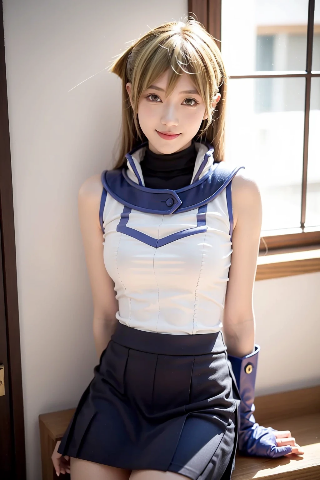 masterpiece, best quality, <lora:AlexisRhodes-v2:1>,
tenjouin asuka,duel academy uniform (yu-gi-oh! gx),
1girl, blonde hair,very long hair,brown eyes,fingerless gloves,turtleneck, sleeveless shirt,white shirt,blue skirt,miniskirt,smile