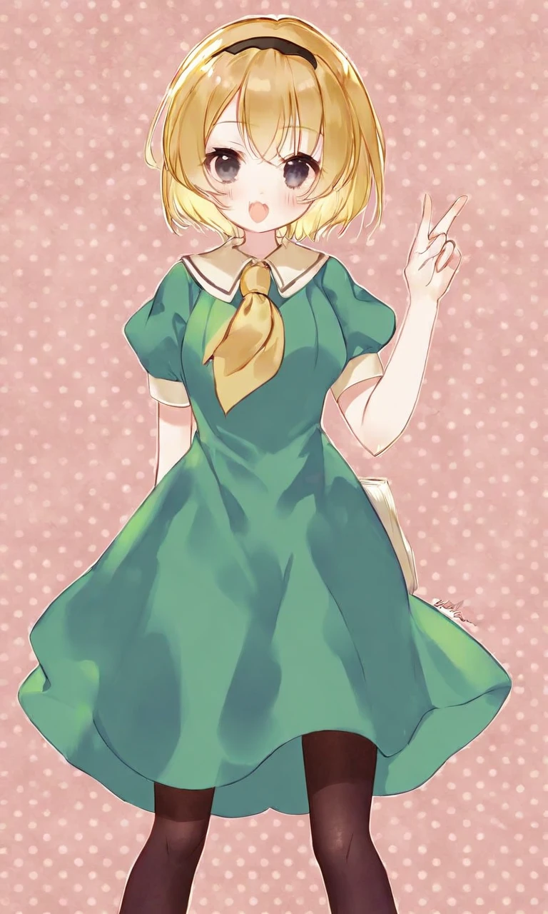 by myc0t0xin, houjou satoko, 1girl, ascot, black eyes, black hairband, black pantyhose, blonde hair, brown footwear, dress, fangs, flat color, full body, green dress, hairband, index finger raised, no nose, open mouth, pantyhose, polka dot, polka dot background, puffy short sleeves, puffy sleeves, shadow, short hair, short sleeves, signature, solo, standing, yellow ascot, <lora:sdxl - Char - Houjou Satoko - Bionagato>